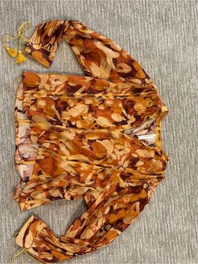 Anthropology Women's Sheer Floral Peasant Blouse - Burnt Orange Multi